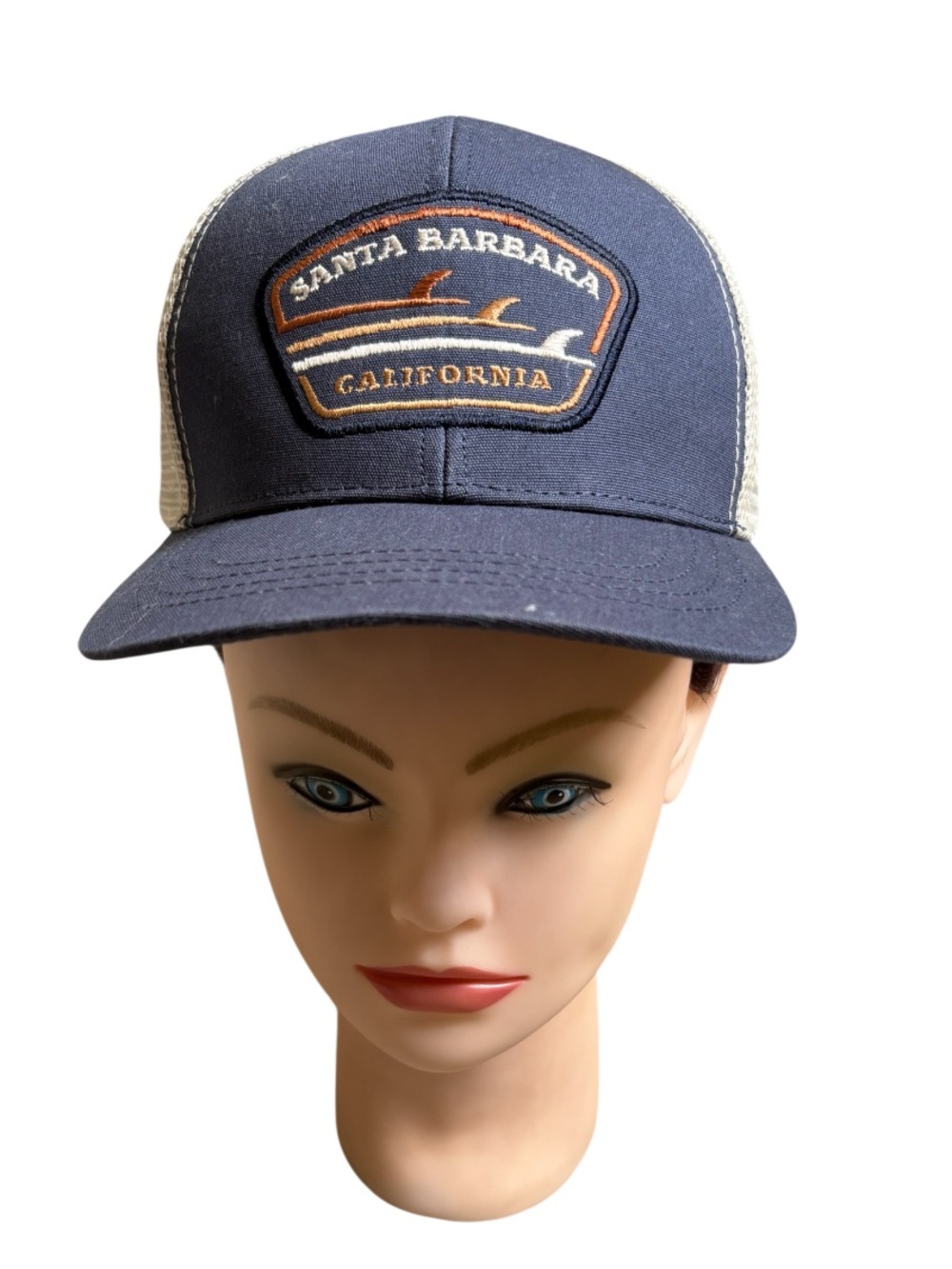 Unisex Santa Barbara California Trucker Hat with Adjustable Strap - Cream & Blue